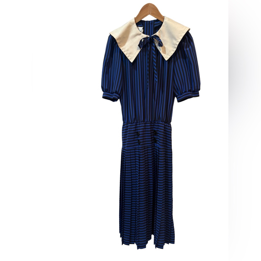 Vtg. Nautical Secretary Grandma dress blue & black stripes Union Made USA sz 10